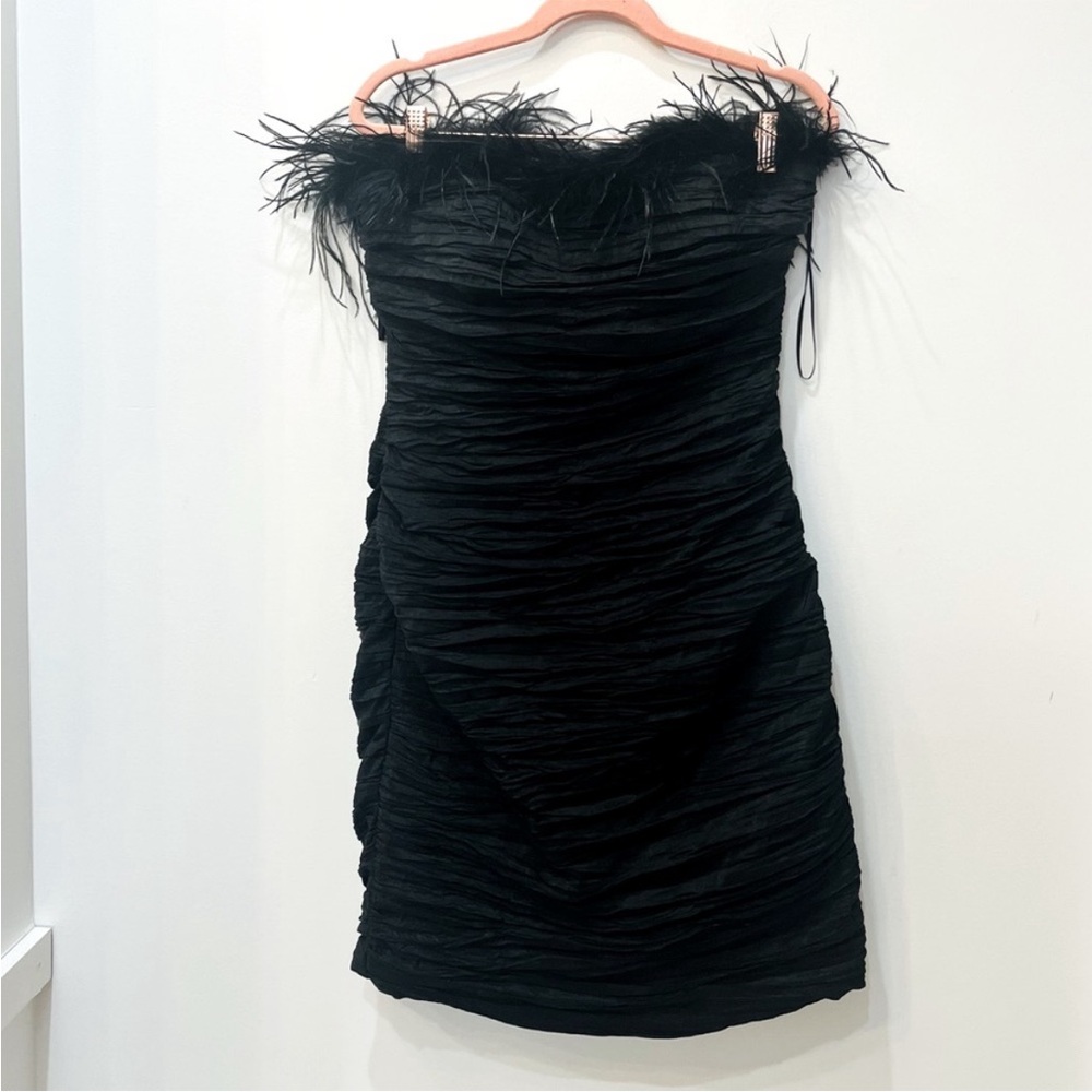 ISSUE New York  black tube top dress feathers boa trim sz 10